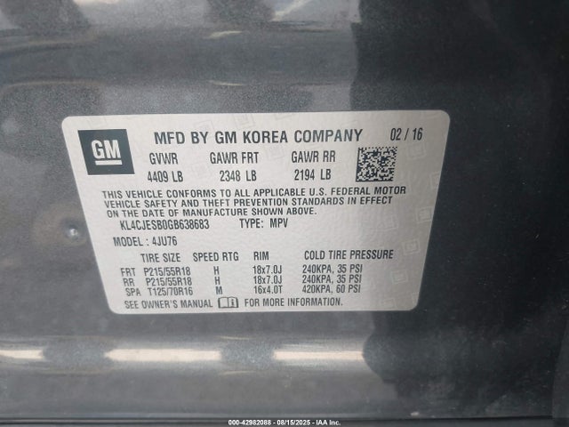 Buick luv - vvt, alum gme e85 max 2016 KL4CJESB0GB638683 Image 9