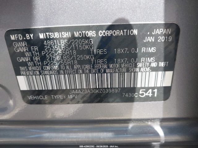 2019 MITSUBISHI OUTLANDER JA4AZ3A36KZ039897 Photo 8