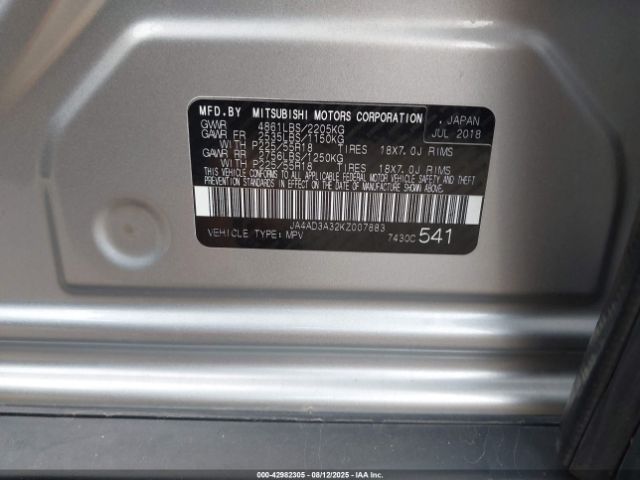 2019 MITSUBISHI OUTLANDER JA4AD3A32KZ007883 Photo 8