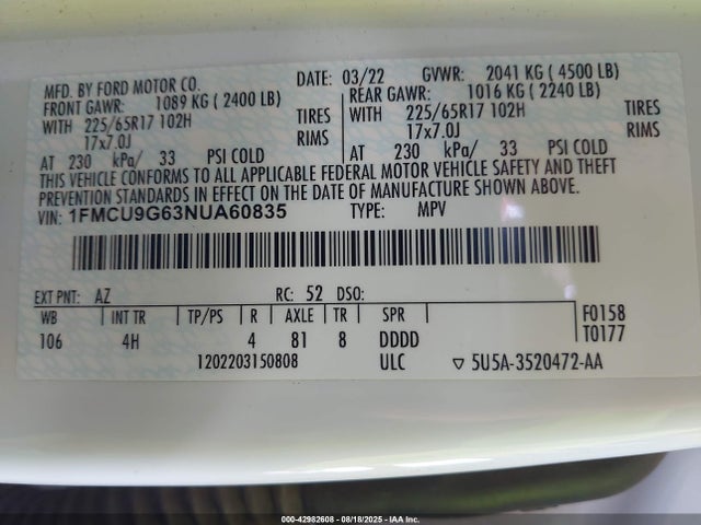 Ford dragon di tc 2022 1FMCU9G63NUA60835 Image 9