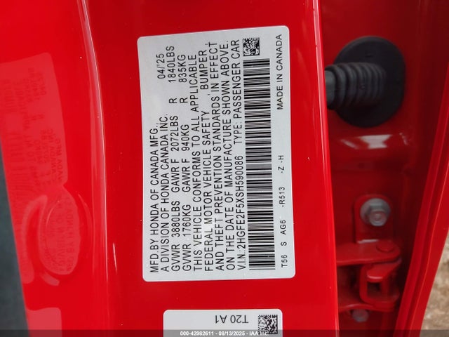 Aukcja sprzedaży 2025 Honda Civic Sport, vin: 2HGFE2F5XSH590086, numer aukcji: 42982611