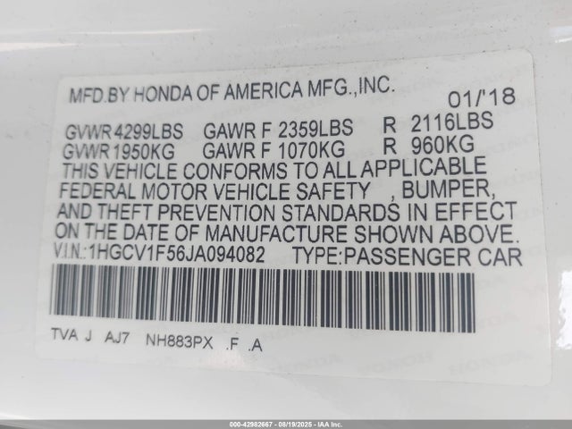 1HGCV1F56JA094082 Honda l15be