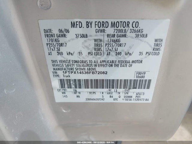 2006 FORD F-150 1FTPX14536FB72082 Photo 8