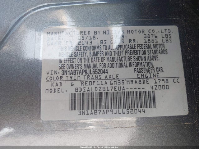 3N1AB7AP9JL652044 Nissan Sentra