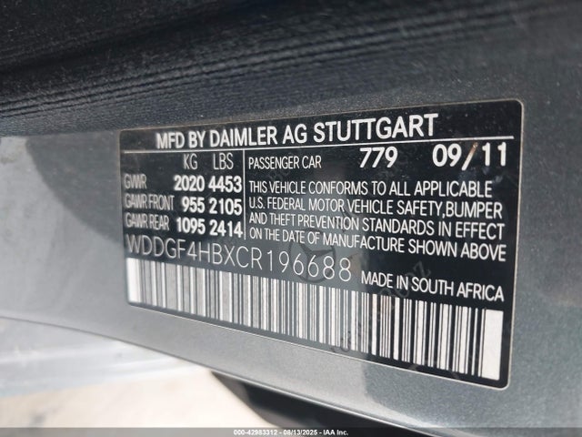 2012 Mercedes-benz C 250 მანქანა იყიდება აუქციონზე, vin: WDDGF4HBXCR196608, აუქციონის ნომერი: 42983312