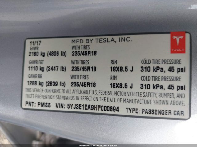 2017 TESLA MODEL 3 5YJ3E1EA9HF000694 Photo 8