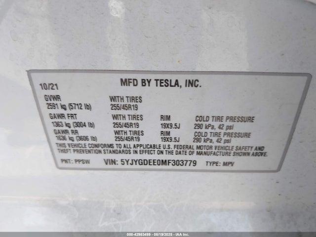 2021 TESLA MODEL Y 5YJYGDEE0MF303779 Photo 8