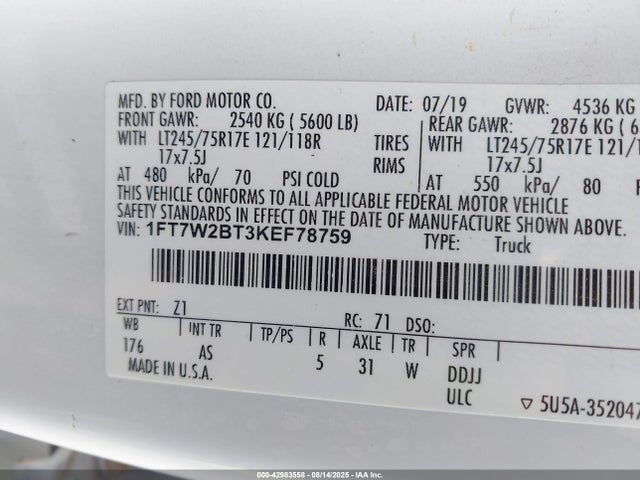 1FT7W2BT3KEF78759 Ford 2019