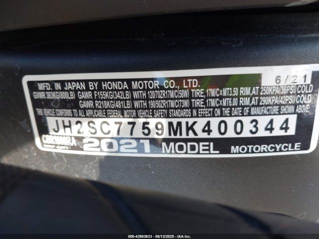2021 HONDA CBR1000 JH2SC7759MK400344 Photo 9