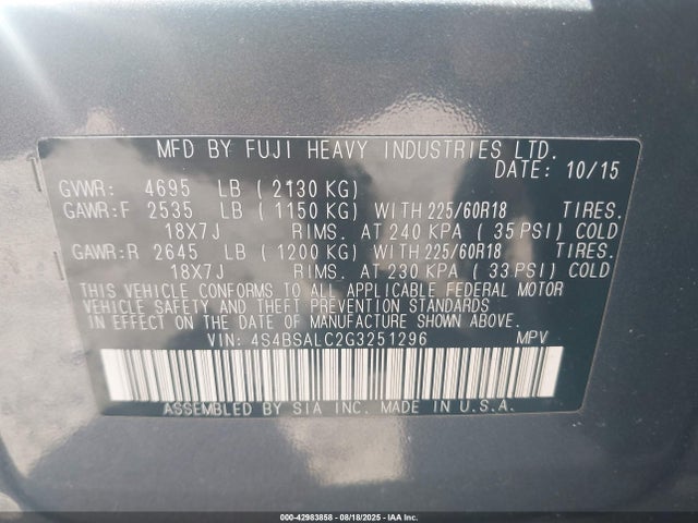4S4BSALC2G3251296 Subaru Outback 2.5i Limited