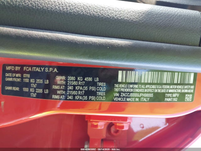 Aukcja sprzedaży 2018 Jeep Renegade Latitude 4x4, vin: ZACCJBBB9JPH98885, numer aukcji: 42983892