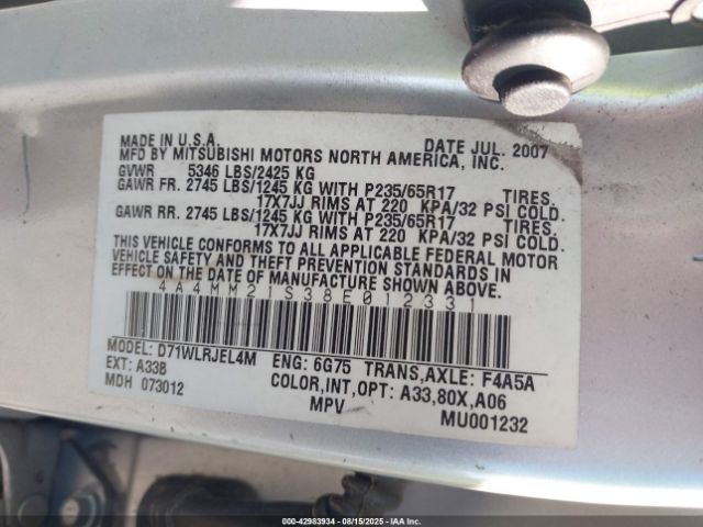 2008 MITSUBISHI ENDEAVOR 4A4MM21S38E012331 Photo 8