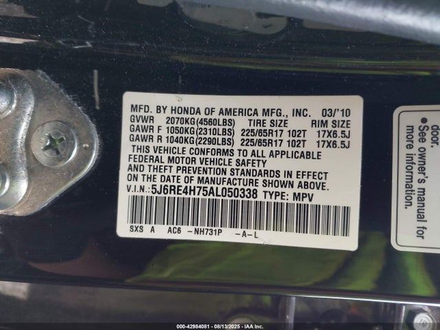 Auction sale of the 2010 Honda Cr-v Ex-l, vin: 5J6RE4H75AL050338, lot number: 42984081