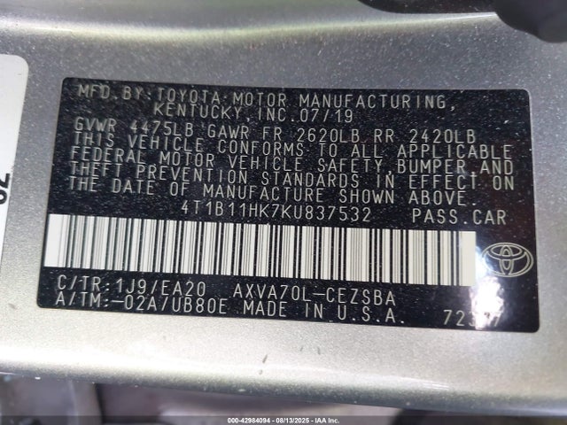 4T1B11HK7KU837532 Toyota a25a-fks