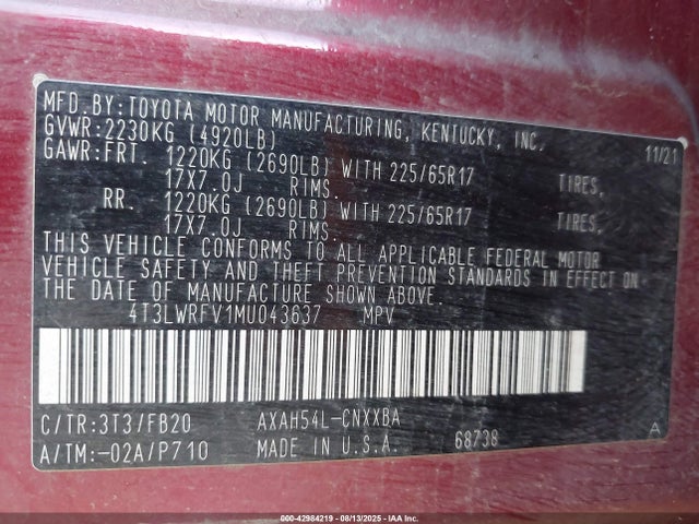 4T3LWRFV1MU043637 Toyota a25a-fxs, 3nm+4nm(ni)