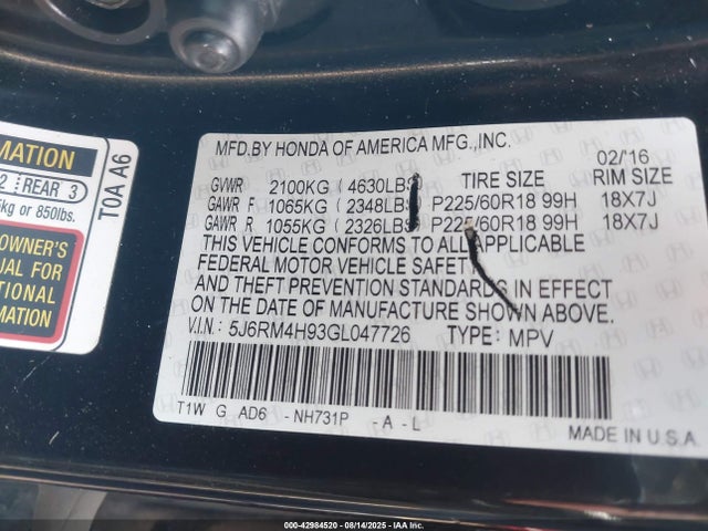 Honda k24w9 2016 5J6RM4H93GL047726 Image 9