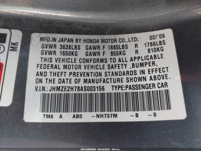 2010 HONDA INSIGHT JHMZE2H78AS003156 Photo 8