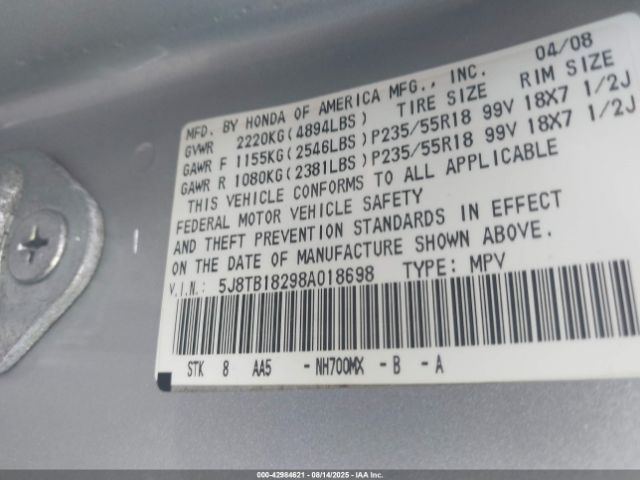 2008 ACURA RDX 5J8TB18298A018698 Photo 8