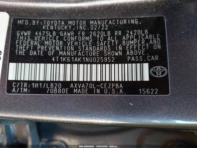 4T1K61AK1NU025952 Toyota a25a-fks