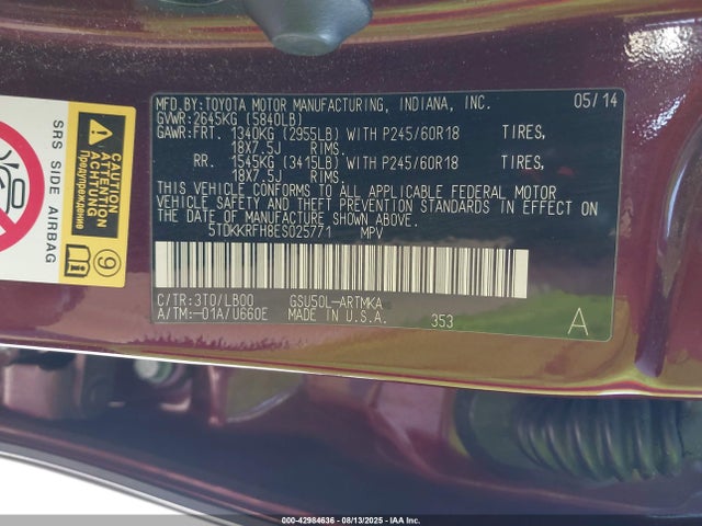 Toyota 2gr-fe 2014 5TDKKRFH8ES025771 Image 9