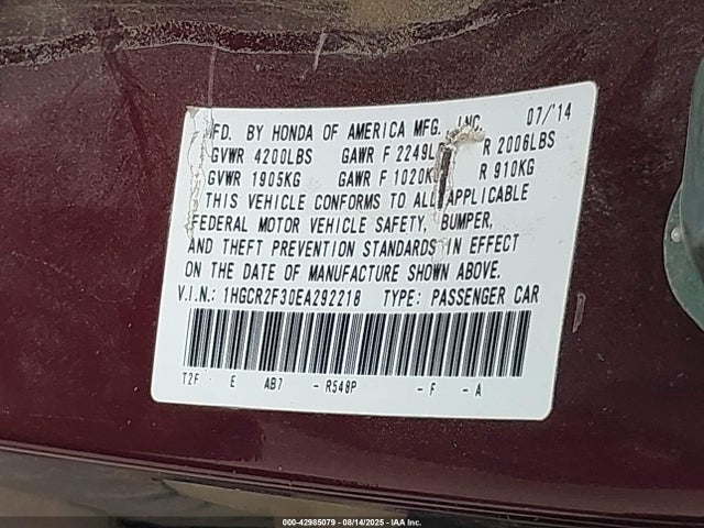 Honda k24w1 2014 1HGCR2F30EA292218 Image 9