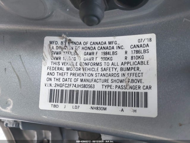 Honda k20c2 2018 2HGFC2F74JH580563 Image 9