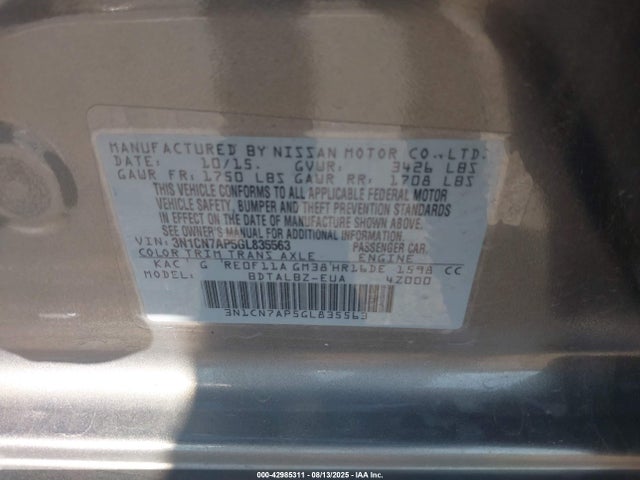 Nissan Versa 2016 3N1CN7AP5GL835563 Image 9