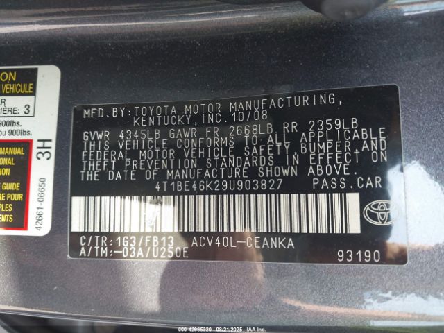 2009 TOYOTA CAMRY 4T1BE46K29U903827 Photo 8