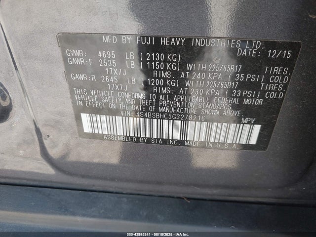 Subaru 2.5l u6 2016 4S4BSBHC5G3278216 Image 9