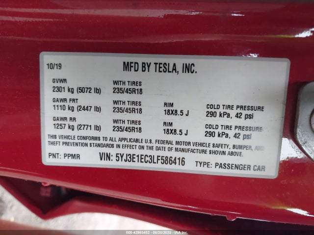 Aukcja sprzedaży 2020 Tesla Model 3 Performance Dual Motor All-wheel Drive, vin: 5YJ3E1EC3LF586416, numer aukcji: 42985452