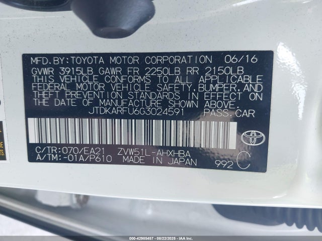 Toyota 2zr-fxe,1nm 2016 JTDKARFU6G3024591 Image 9