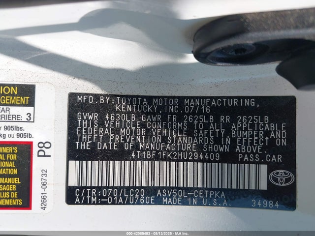 4T1BF1FK2HU294409 Toyota 2ar-fe