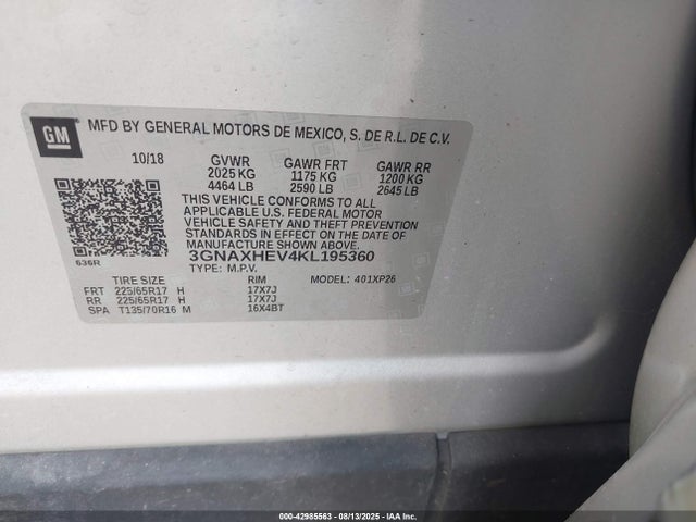 Aukcja sprzedaży 2019 Chevrolet Equinox Ls, vin: 3GNAXHEV4KL195360, numer aukcji: 42985563