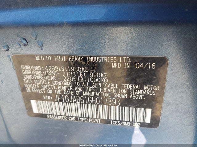 Aukcja sprzedaży 2016 Subaru Impreza 2.0i Premium, vin: JF1GJAB61GH017393, numer aukcji: 42985607