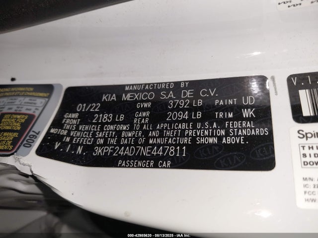 3KPF24AD7NE447811 KIA mpi nu