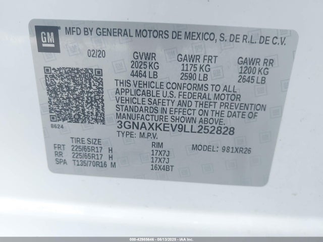 3GNAXKEV9LL252828 Chevrolet lyx - direct injection, vvt, fgt, turbo, alum, gen1