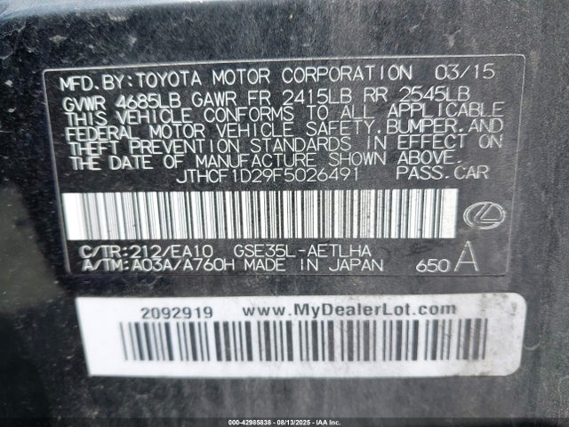 Lexus 4gr-fse 2015 JTHCF1D29F5026491 Image 9