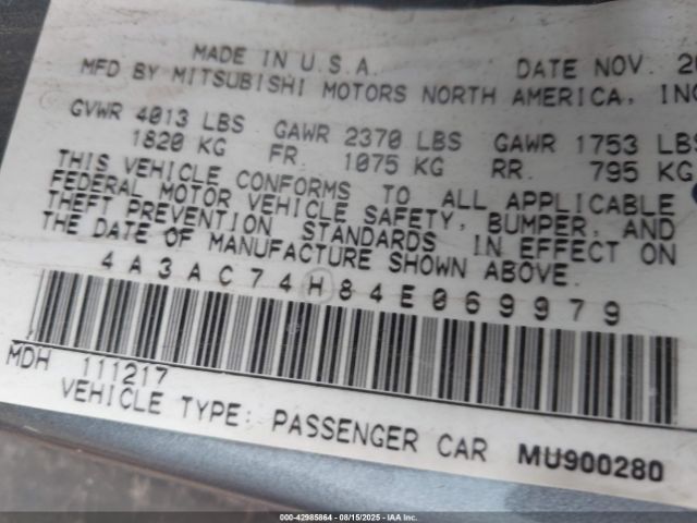 2004 MITSUBISHI ECLIPSE 4A3AC74H84E069979 Photo 8