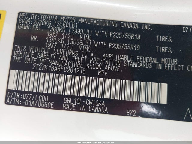 2T2ZK1BA6FC201215 Lexus 2gr-fe