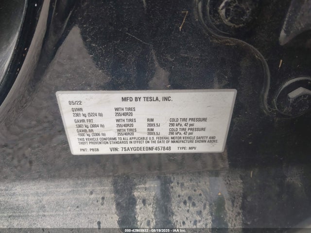 2022 TESLA MODEL Y 7SAYGDEE0NF457848 Photo 8