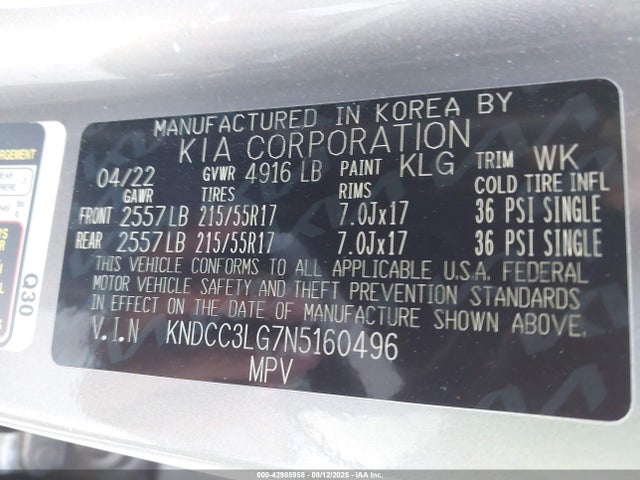 KNDCC3LG7N5160496 KIA 2022