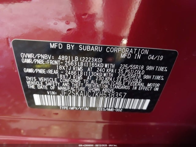 Subaru naturally aspirated u5 2019 JF2SKAUC7KH538357 Image 9