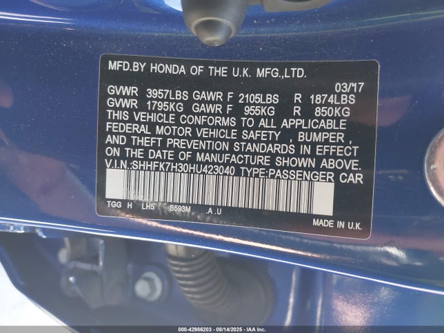SHHFK7H30HU423040 Honda l15ba