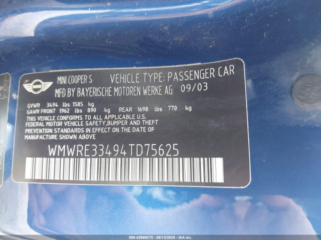2004 MINI COOPER S WMWRE33494TD75625 Photo 8