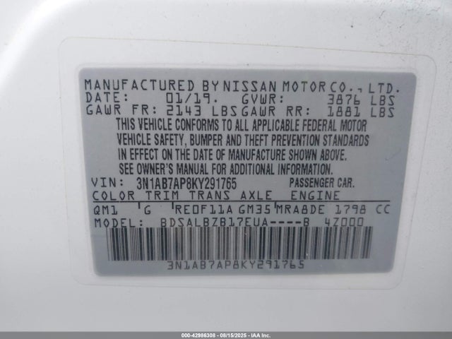 3N1AB7AP8KY291765 Nissan Sentra