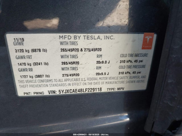 2020 TESLA MODEL X 5YJXCAE48LF229118 Photo 8
