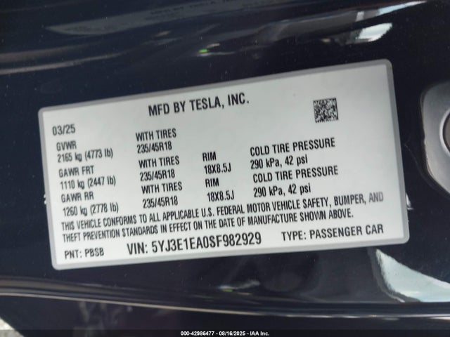 2025 TESLA MODEL 3 5YJ3E1EA0SF982929 Photo 8
