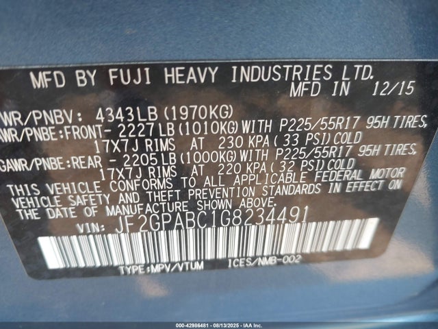 Subaru naturally aspirated 2016 JF2GPABC1G8234491 Image 9