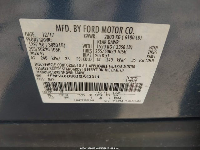 1FM5K8D86JGA43311 Ford 3.5l ti-vct
