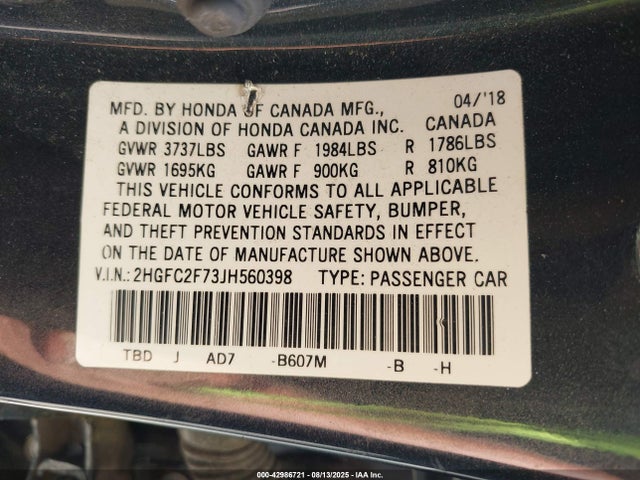 Honda k20c2 2018 2HGFC2F73JH560398 Image 9